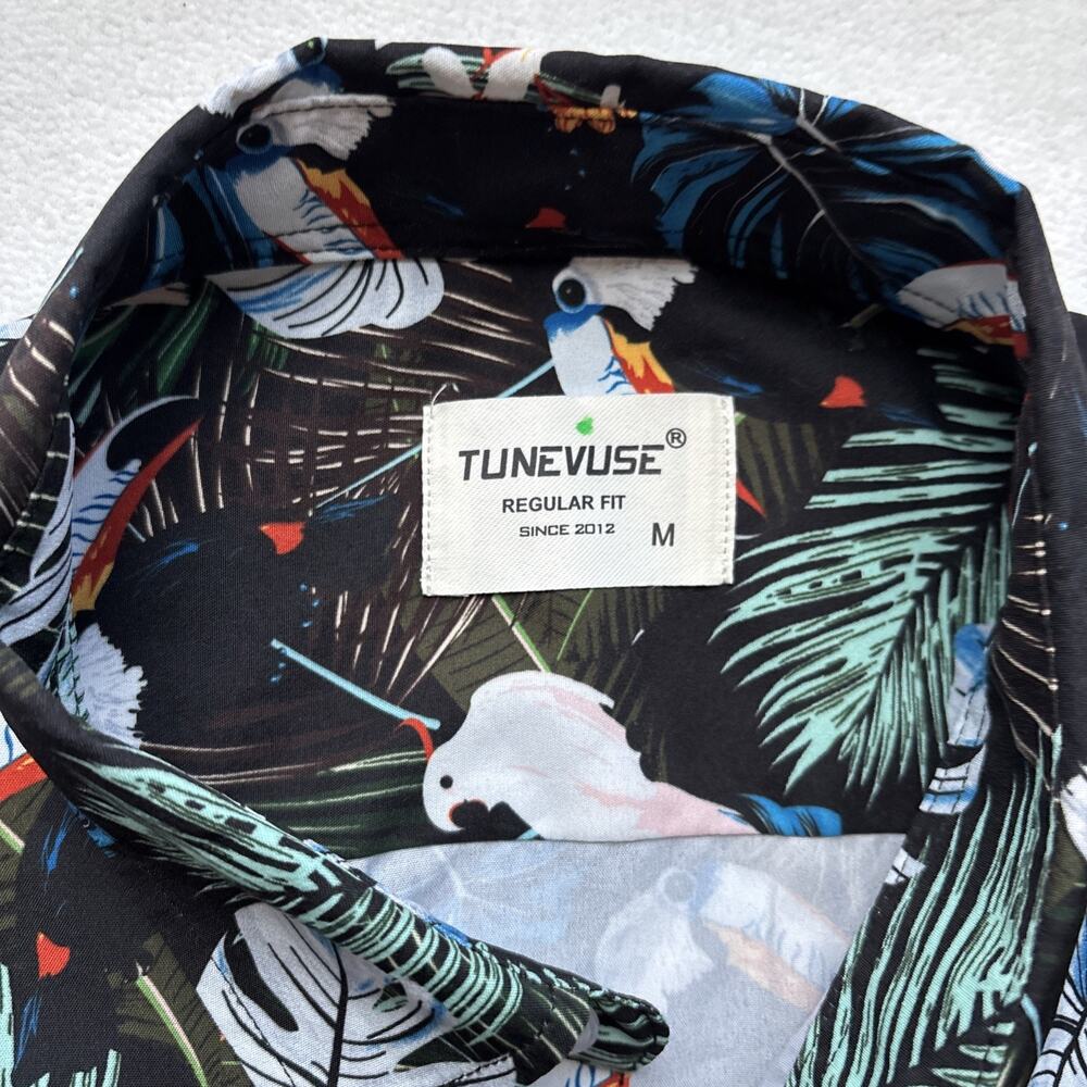Tunevuse Tropical Bird Print Button Down Shirt Mens Size Medium Black Floral - Picture 2 of 12